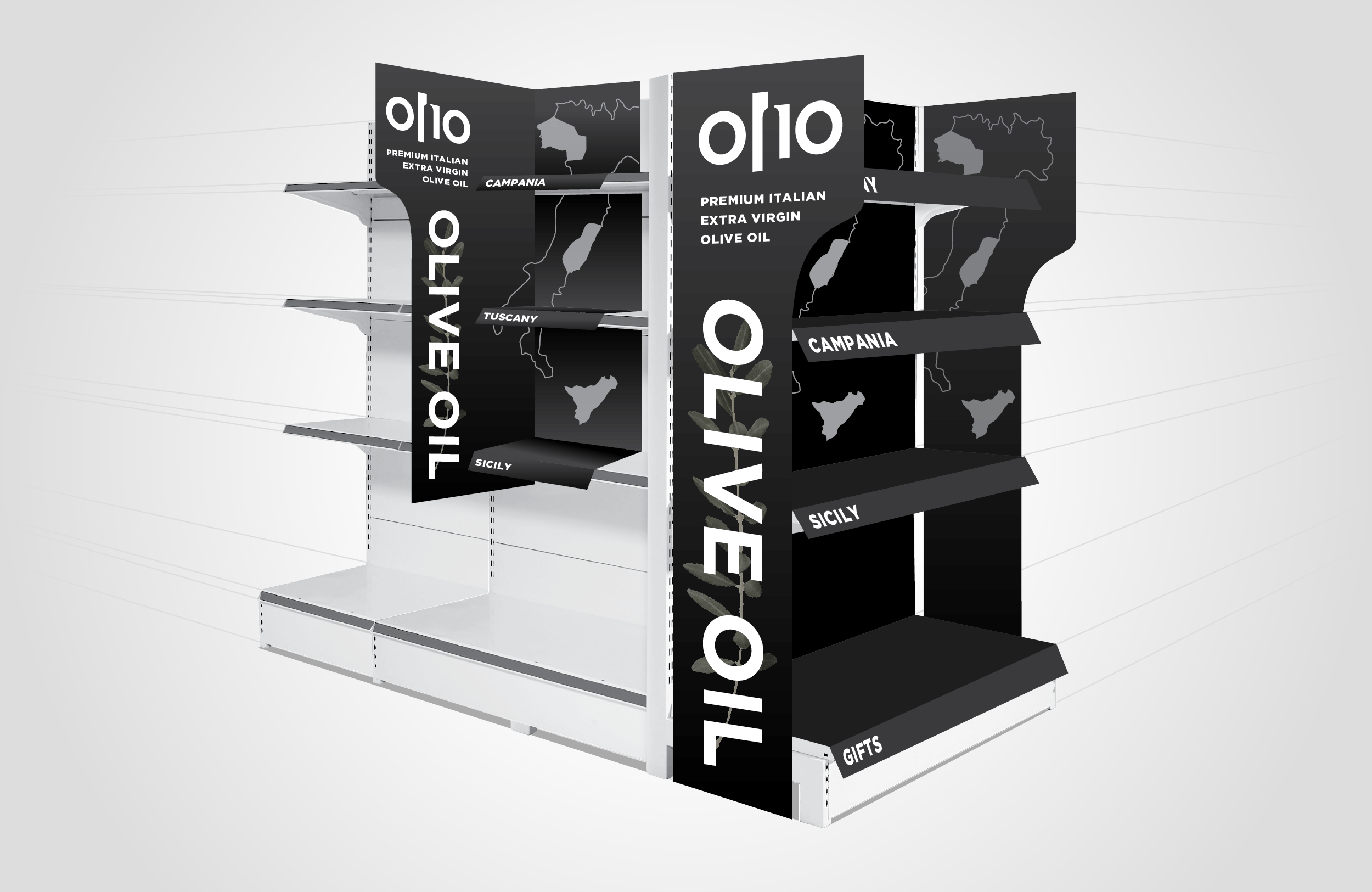 Aisle endcap and shelf-top displays designed for Olio.